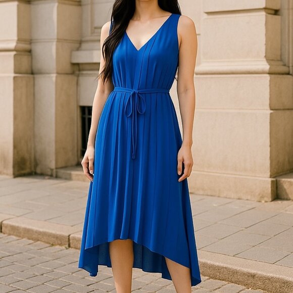 RACHEL Rachel Roy Blue Pleated High-Low Dress Size 6 Sleeveless Belted Lined - Picture 1 of 11